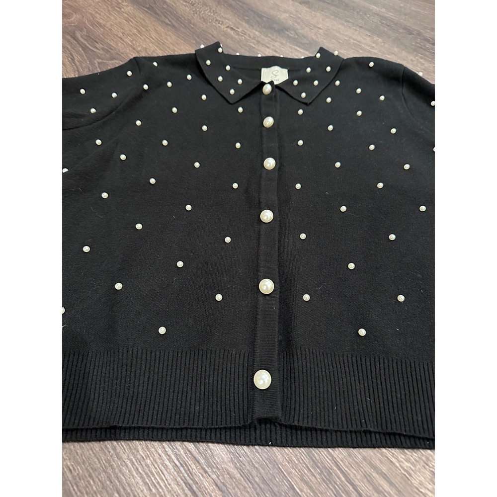 Black Pearl Cardigan XL Embellished Collared Knit Sweater Coquette Preppy NWOT - Picture 5 of 7